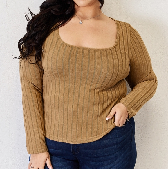 Lovely Rosetta Tops - Tan Ribbed Long Sleeve Full Size Top